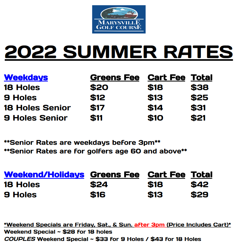 Rates Marysville Golf Course